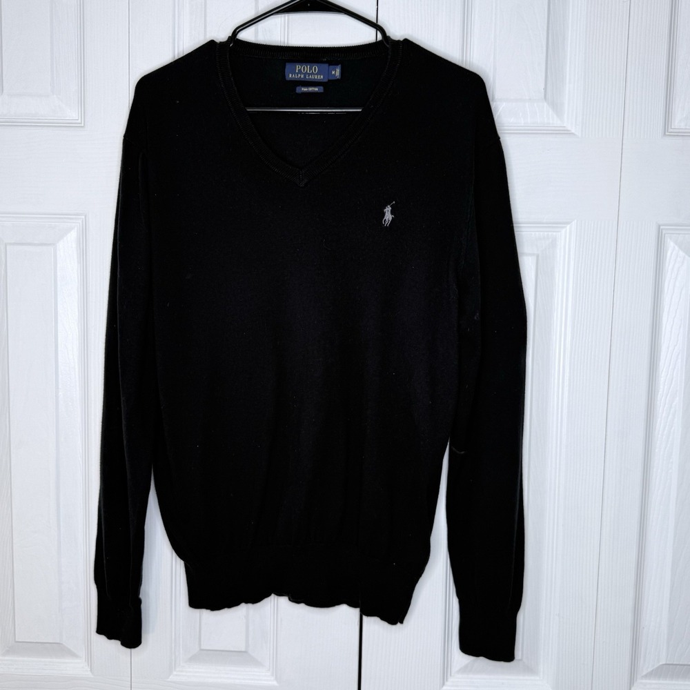 Polo Ralph Lauren Pima Cotton V-Neck Sweater Men's M Black‎ Gray Pony Knit EUC